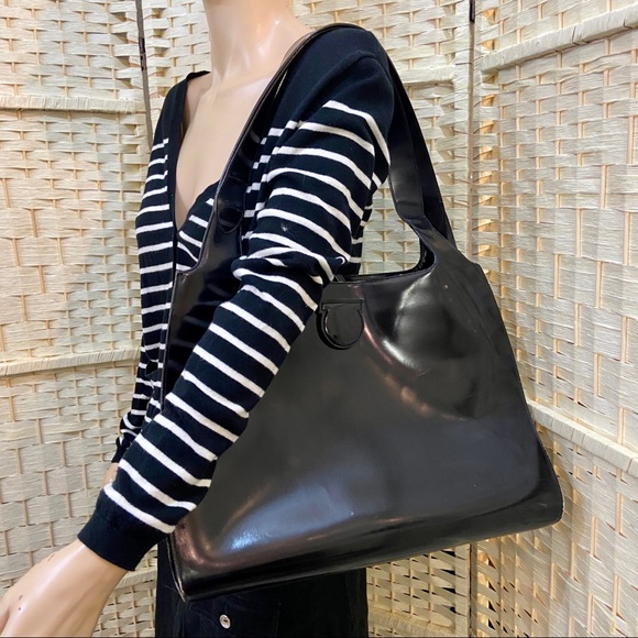 Ferragamo Large Black Enamel Patent Tote- Handbag - Picture 9 of 13